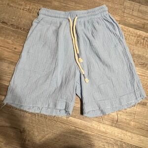 VAMOS Women's Blue Gauze Drawstring Frayed Hem Relaxed Fit Shorts Size S